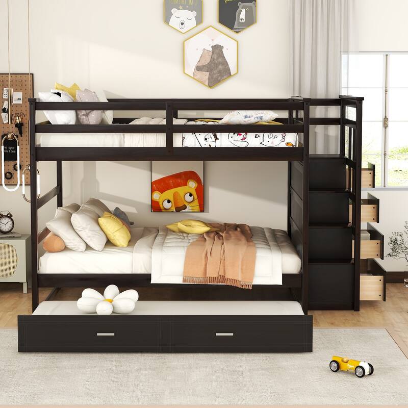 Full Over Full Bunk Bed with Twin Trundle and Staircase in Espresso