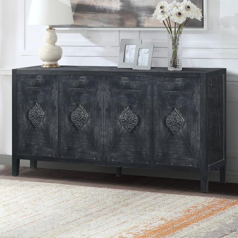 Antique Carved Flower Door Handle - Elegant Four-Door Cabinet for Living Room, Kitchen, and Hallway Decor