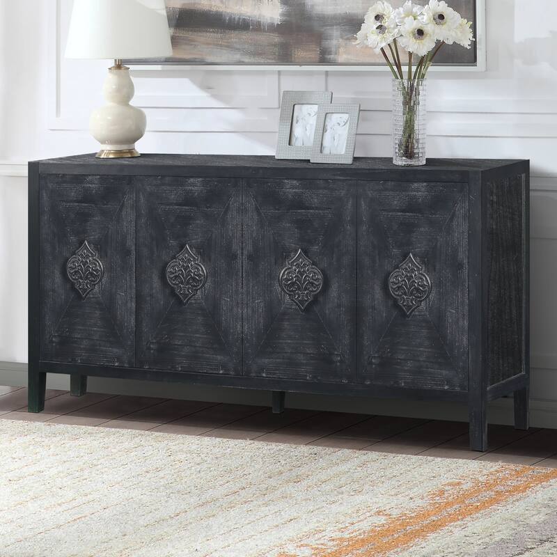 Roomfitters 4-Door Accent Cabinet with Carved Flower Handles, Antique Storage Sideboard for Living Room