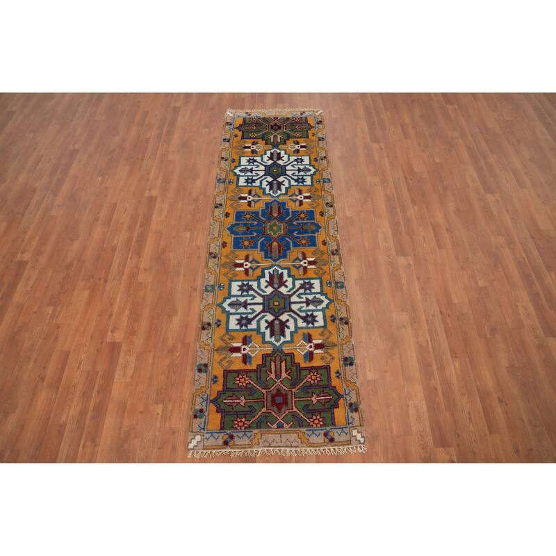 Hand Knotted Oriental 100% Wool Carpet Traditional Geometric Oranges & Rust Kazak Runner Rug - 7' 9'' X 2' 5''