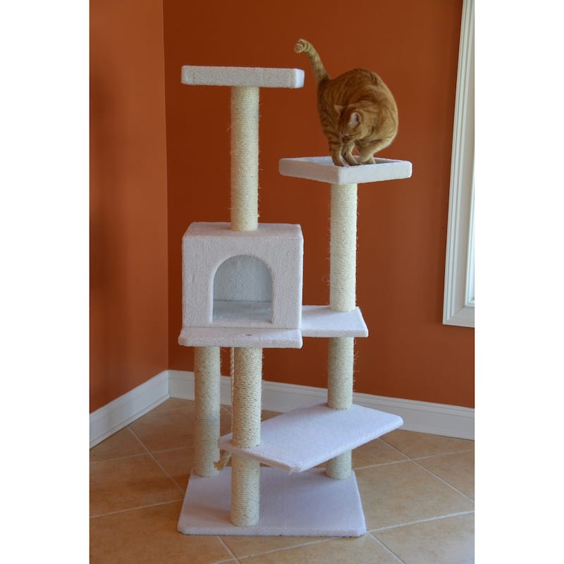 Ivory 57" High Real Wood Cat Tree, Fleece Covered Cat Climber