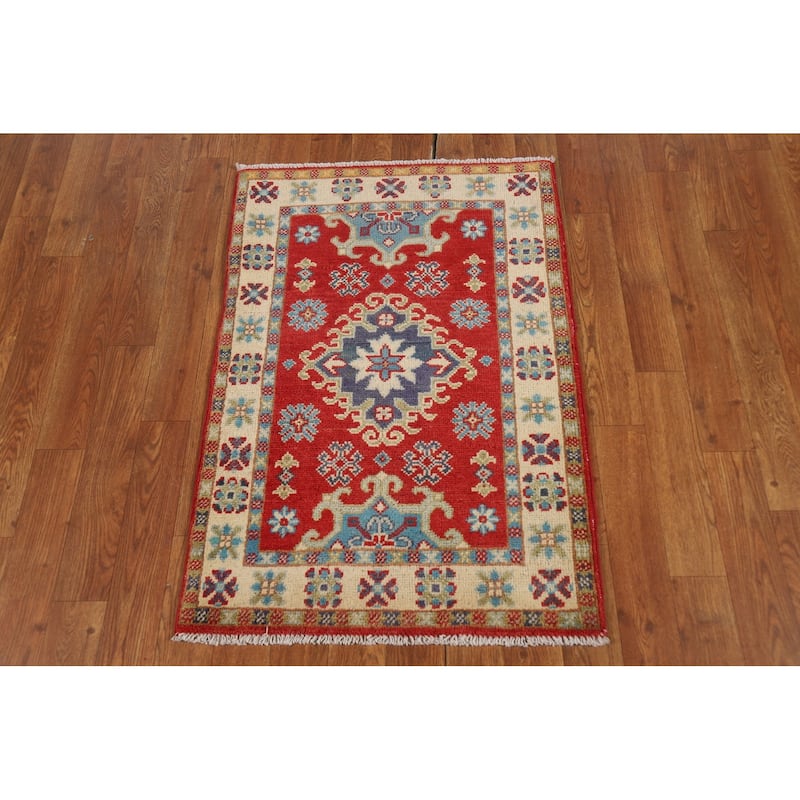 Red Geometric Kazak Foyer Rug Hand-Knotted Traditional Wool Carpet - 2'0" x 3'0"