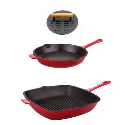 Neo 3pc Cast Iron Set Fry Pan Grill Pan & Slotted Steak Press Red