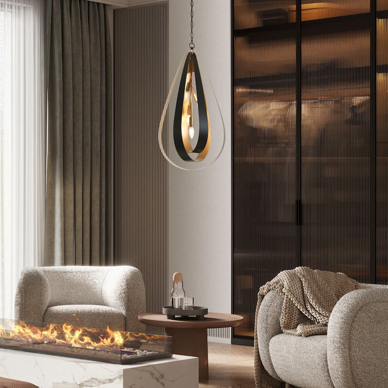 Dsmll Mid-century Modern 4-Light Chandelier Black Gold Lantern Pendant Lights for Dining Room