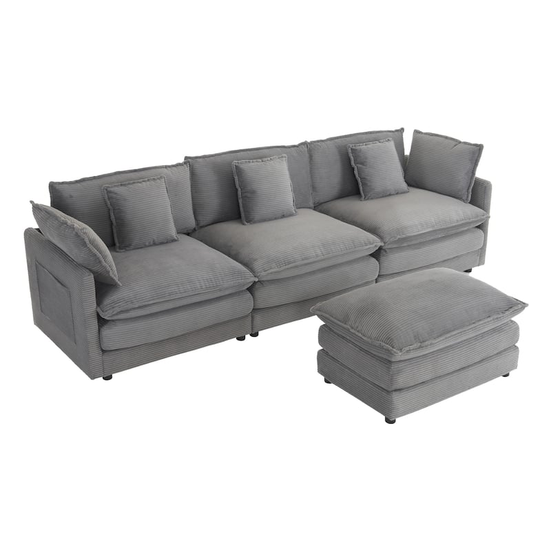 112.6" Corduroy L-Shaped Sectional Sofa with Ottoman and Storage Pockets