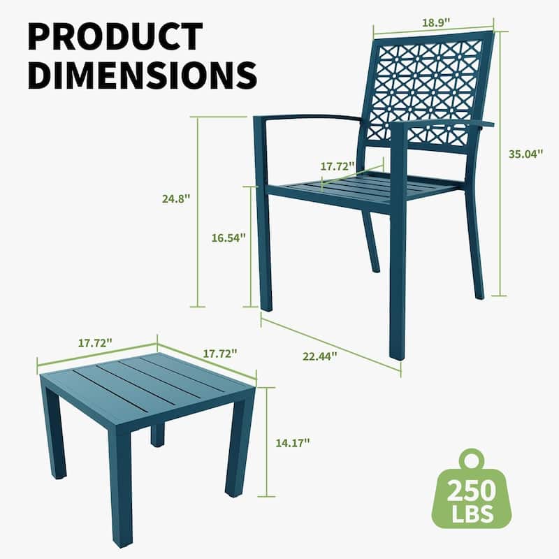 3-Piece Outdoor Bistro Set,Patio Furniture Set with 2 Decorative Iron Chairs and Square Coffee Table