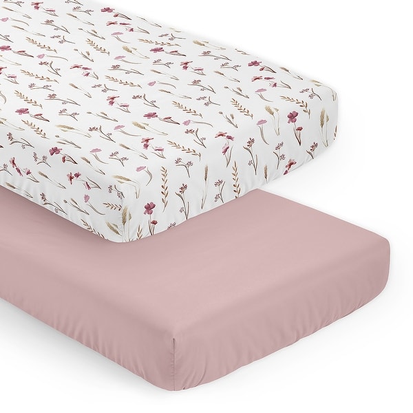 slide 2 of 6, Sweet Jojo Designs Boho Floral Garden Flower Girl 2 Pack Fitted Crib Sheets Solid PinkĀ and Watercolor Bohemian Farmhouse Vintage