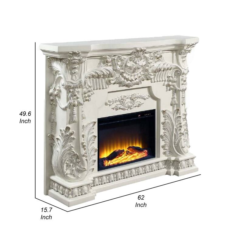 Rox LED Electric Fireplace, 62 Inch, Resin Details, Antique White Wood