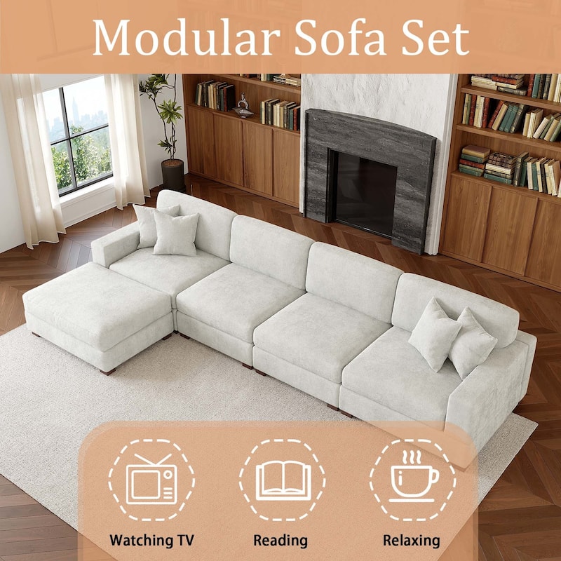 Oversized Chenille Modular Sectional Sofa Living Room Set with Ottoman