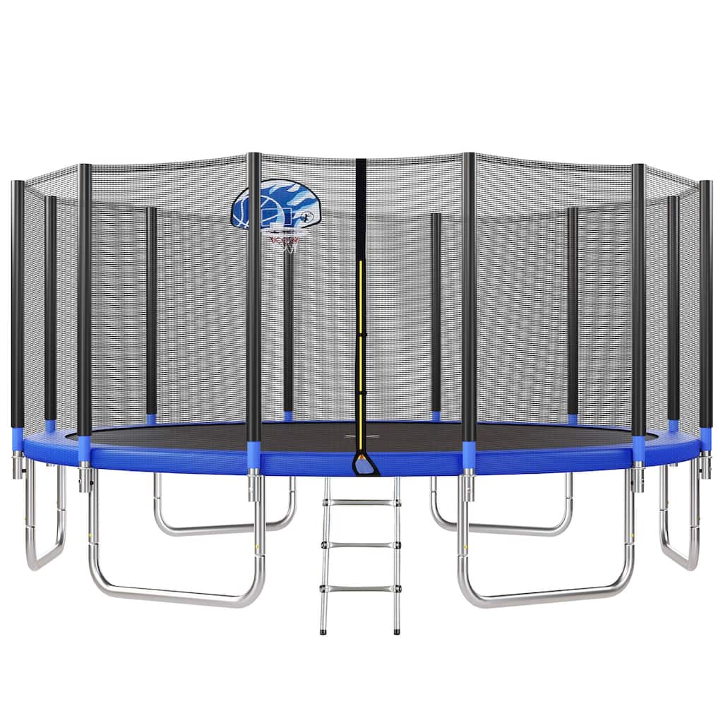 16FT Trampoline for Kids with Safety Enclosure Net, Basketball Hoop and Ladder, Round Outdoor Recreational Trampoline