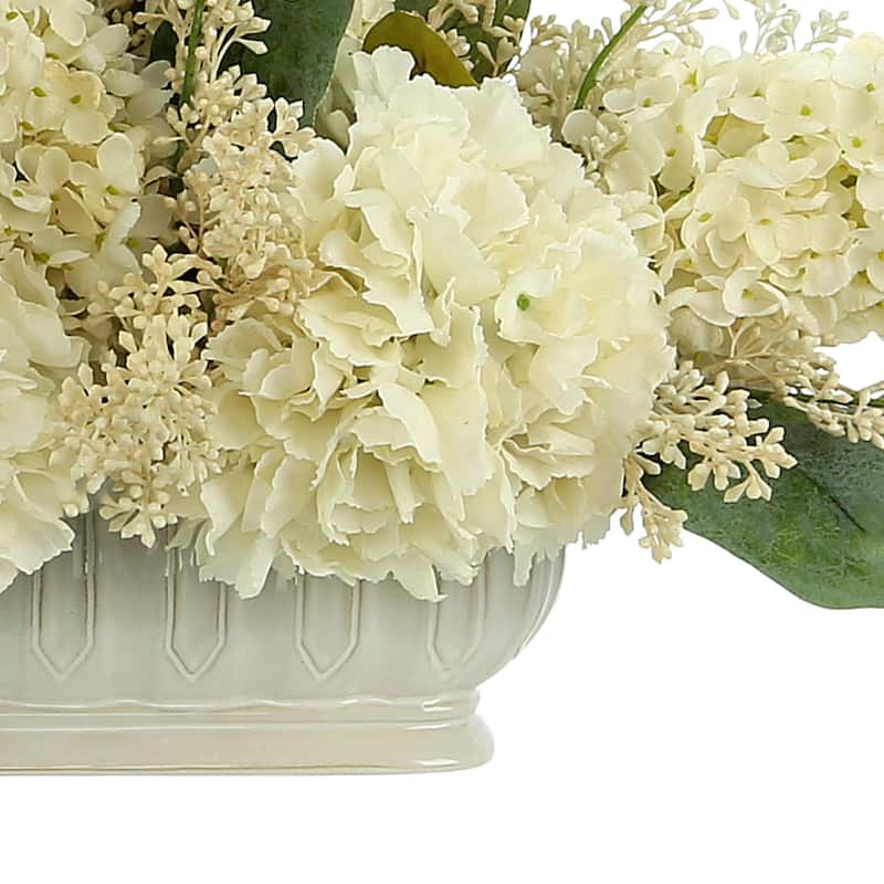 Assorted Hydrangea and Seeded Eucalyptus Arrangement in Oblong Ceramic Planter - Cream, White