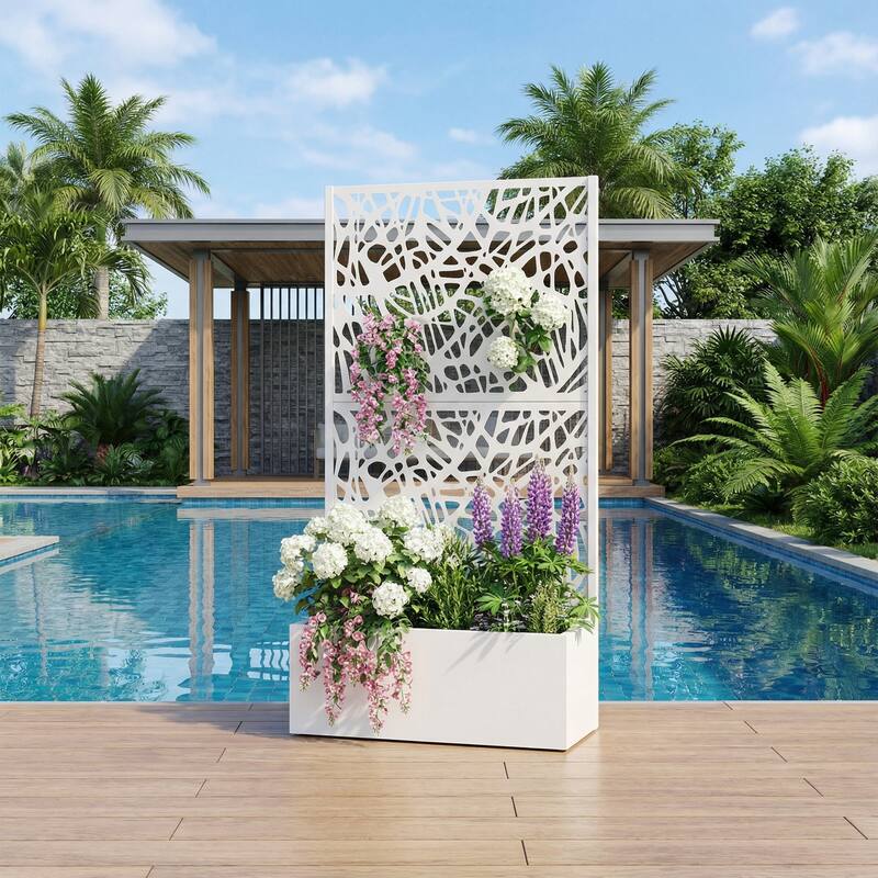 Metal Galvanized Planter Box with Trellis Privacy Screen Lockable Wheels