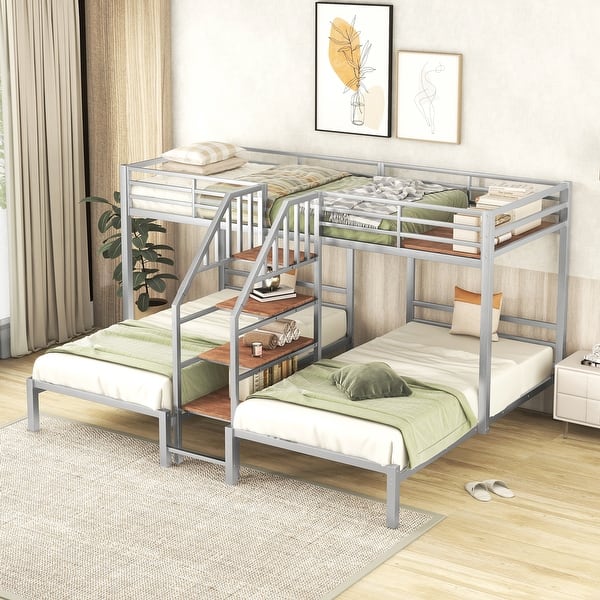 slide 2 of 11, Metal Twin over Twin Triple Bunk Kids Bed Frame with Storage Shelves, Staircase and Safety Guardrails for Bedroom, Silver Silver