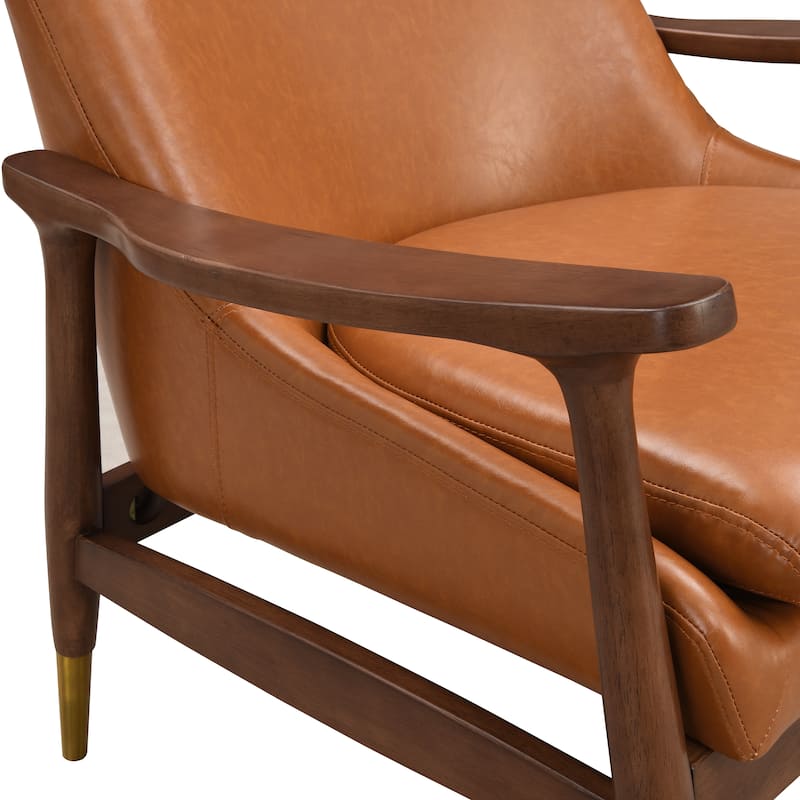29.2" Mid-Century Faux Leather Accent Chair with Cushioned Seat, Solid Wood Frame, and Brass-Tipped Legs