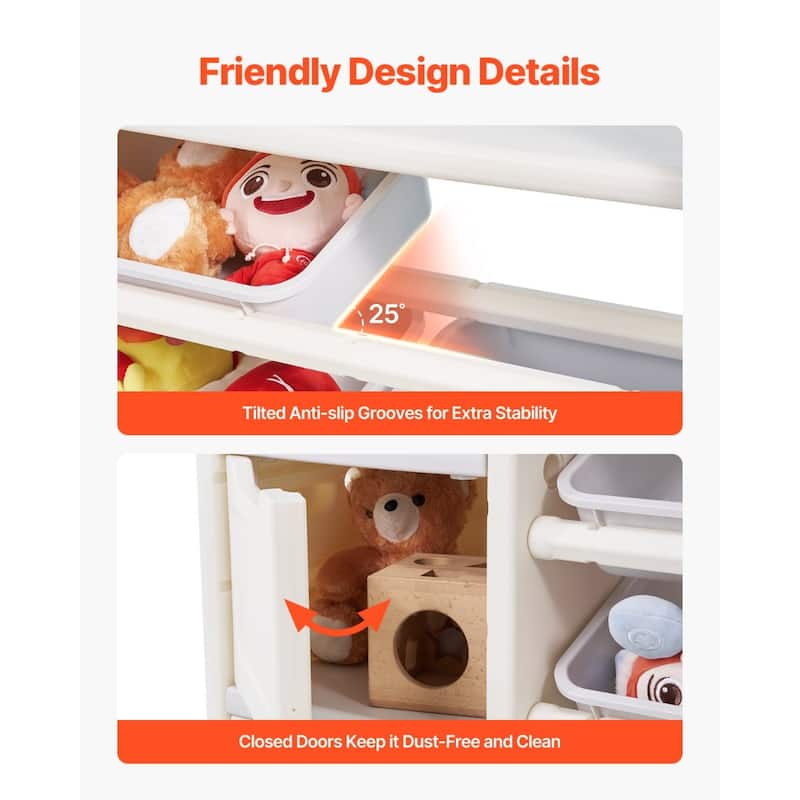 4-Tier Beige HDPE Kids Toy Organizer with Bookshelf and Storage Bins for Playroom and Nursery