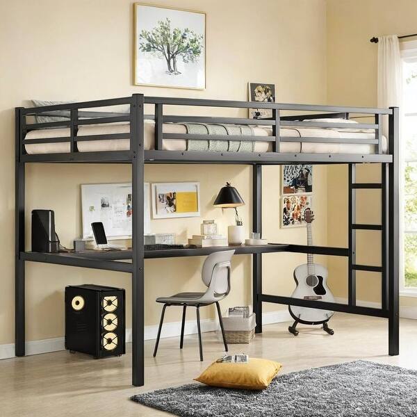 slide 2 of 14, Metal TwinXL/Full Size Loft Bed with Power Outlet and LED Lighted, Noise Reduced Full