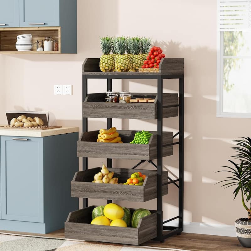 23.6'' W Fruit and Vegetable Wood Storage Rack, 5-Tier Pull-Out Snack Stand Fruit Basket Stand - Grey(1PC)