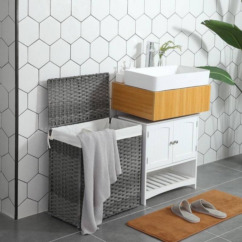 Grey Rattan Laundry Hamper with 2 Compartments, Lid and Extra Liners - 13”L x 22.4”W x 23.6”H (33 x 57 x 60 cm)