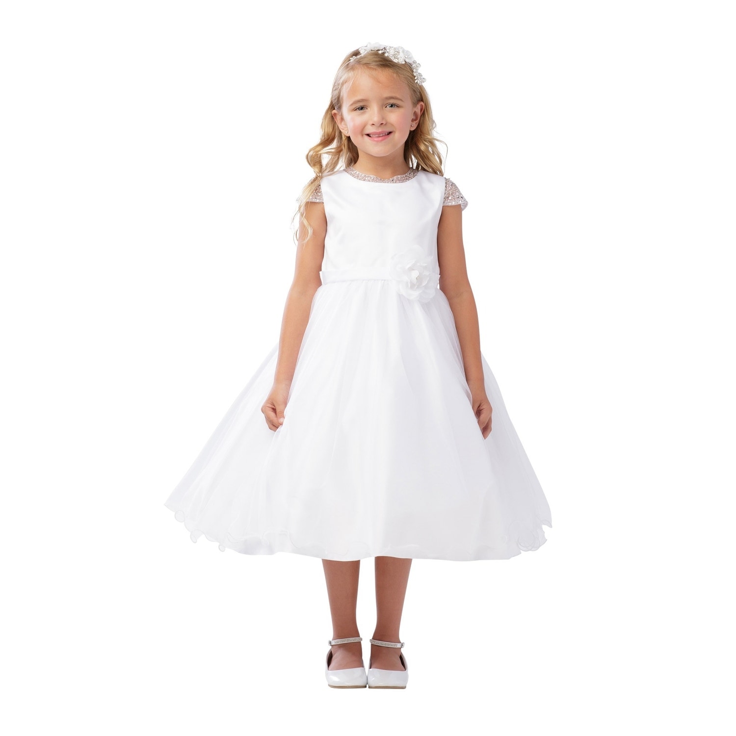 white cap sleeve flower girl dress