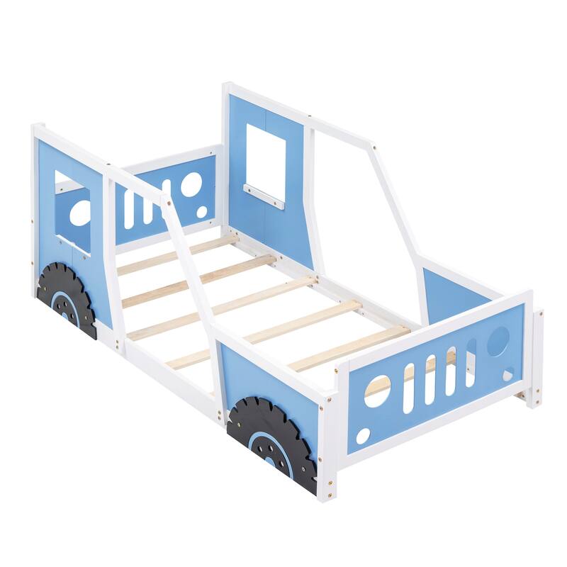 Twin Bed Frame Jeep Shaped Platform Bed Creativity Kids Bed Support Floor Bed Car Bed with 2 Doors and Windows Slat - Blue