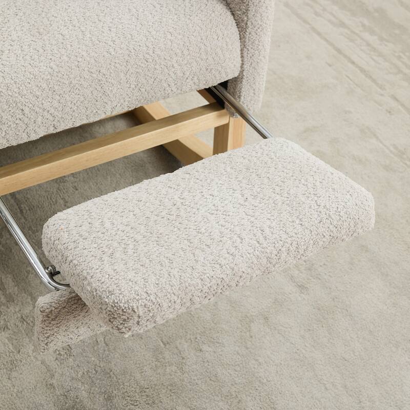 Boucle Fabric Rocking Chair with Retractable Footrest and Side Pocket