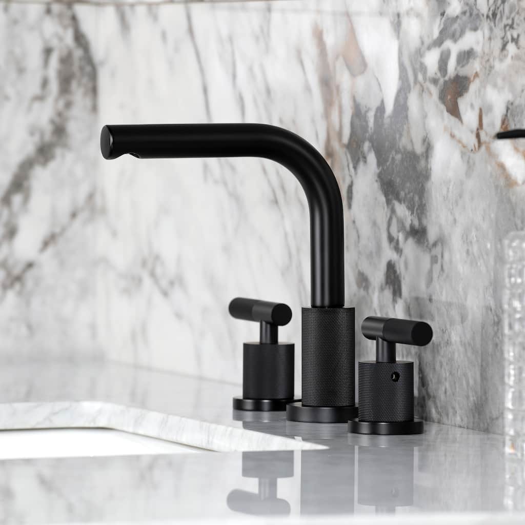 Kingston Brass Convergent Two-Handle 3-Hole Deck Mount Widespread Bathroom Faucet with Knurled Handle and Brass Pop-Up Drain