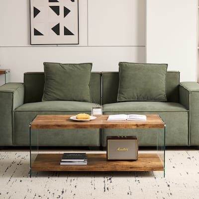 Compact MDF Coffee Table - Walnut Finish & Tempered Glass Top‌