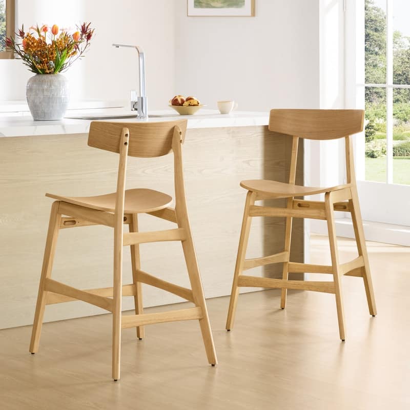 Spruce & Spring Modern Farmhouse Bar Stool with Bentwood Back and Saddle Seat - Set of 2 - Oak