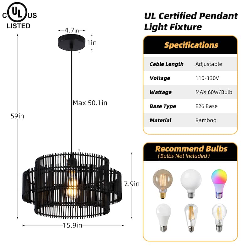 Solara 16 in. 2-Tiers 1-Light Pendant Light with Bamboo Round Shade, No Bulbs Included