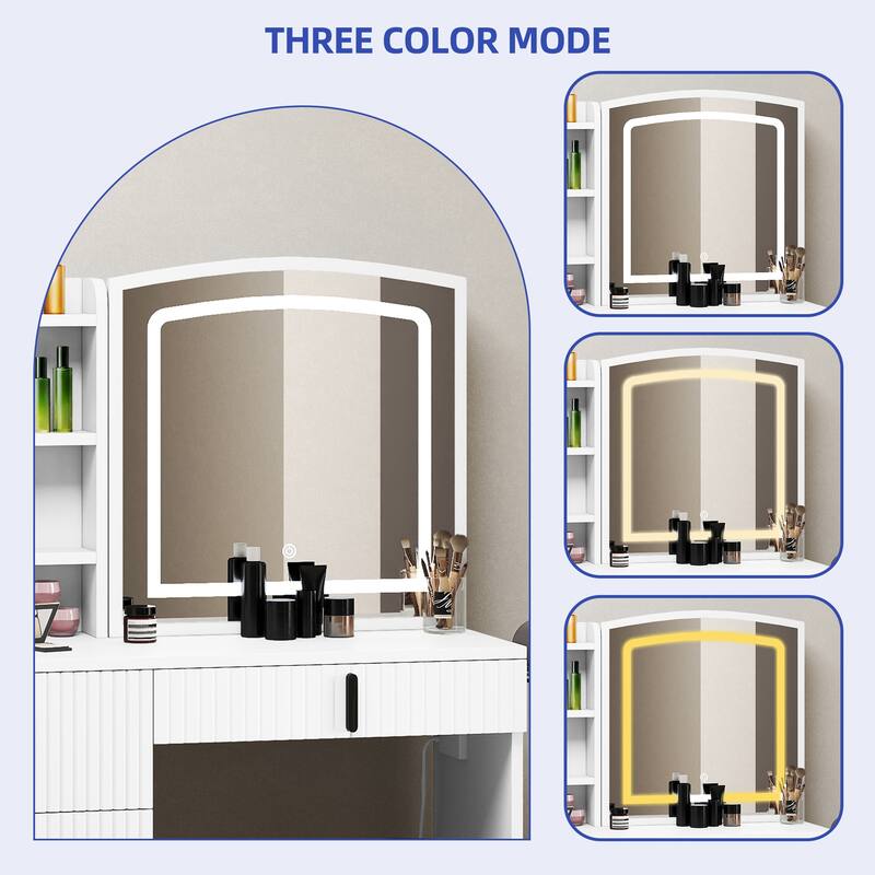 Moasis 4-Drawer Bedroom Makeup Vanity Table Set with Charging Station and LED Lighted Mirror & Stool