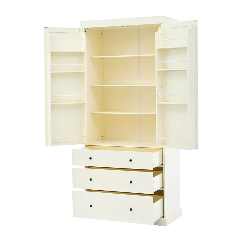 Kitchen Pantry Cabinet with 8 Doors Shelves, Wood Storage Cabinet with 3 Storage Drawers, Cupboard with Adjustable Shelves