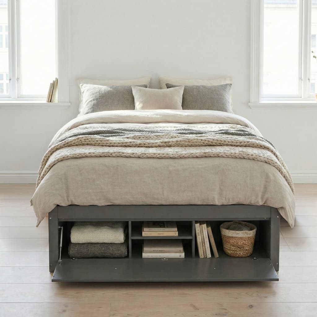 Queen Size Platform Bed Frame with Footboard Storage