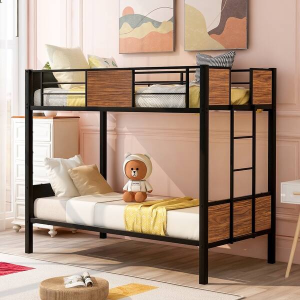 slide 2 of 13, Twin-over-Twin Bunk Bed with Steel Frame, Safety Rails, and Built-in Ladder for Bedrooms and Dorms Brown
