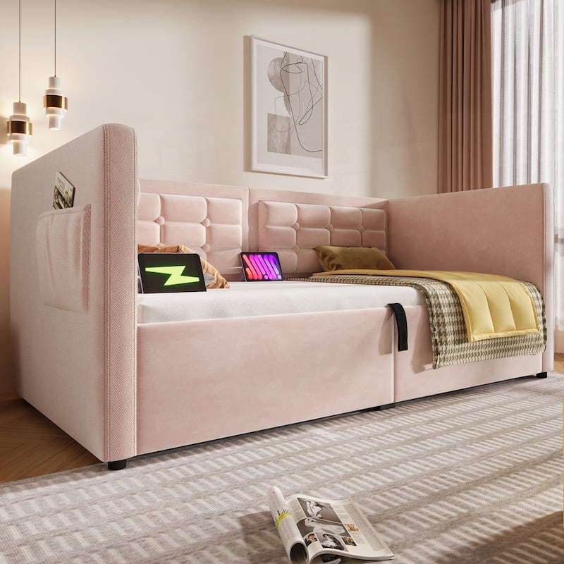 Hydraulic Storage Twin Bed Frame with Wooden Slats and Tufted Sofa Back