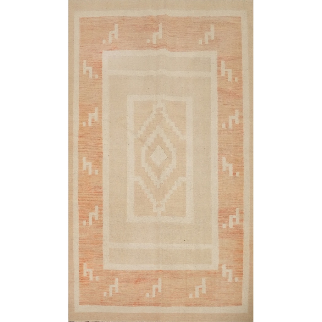 Hand Woven Oriental 100% Wool Carpet Southwestern Tribal Beige & Ivories Kilim Area Rug - 8' 1'' X 5' 1''