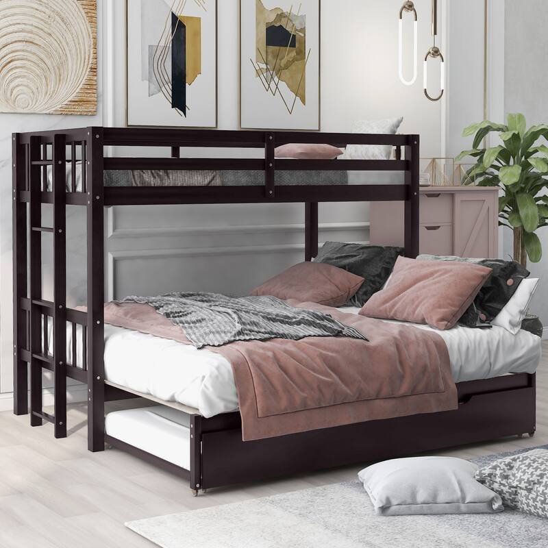 Space-Saving Twin to Double Convertible Bunk Bed with Trundle in Espresso Finish
