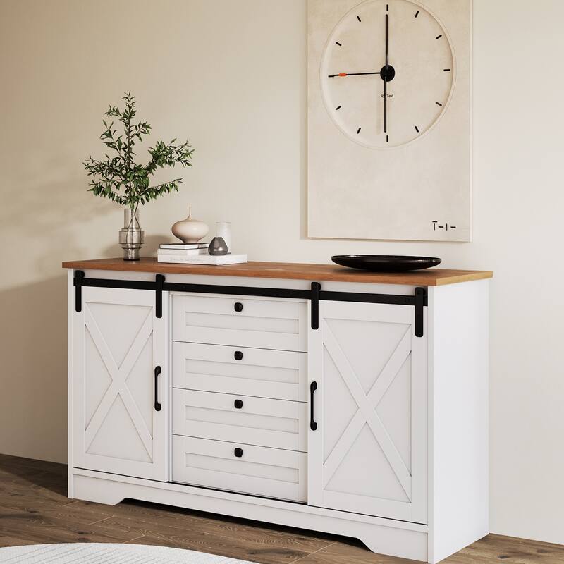 JASIWAY Barn Buffet Sideboard Cabinet with 2 Doors and 4 Drawers