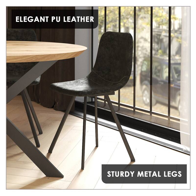 Markley Dining Chair with Leather Seat in Black Steel Legs, Scratch-Resistant, Ergonomic & Comfortable Modern Kitchen Chair