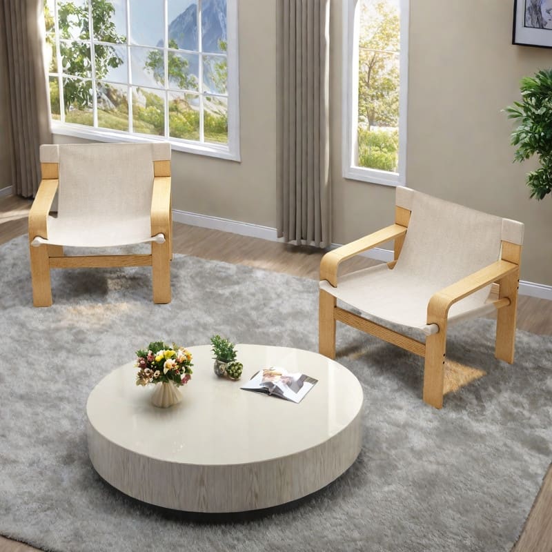 Oak Frame Mid-Century Accent Chair with Washable Linen Upholstery and Wide Armrests（250lb Capacity）