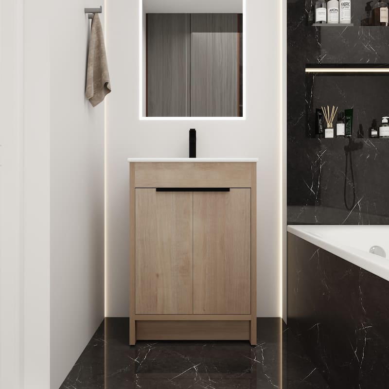 24" Bathroom Vanity with Ceramic Sink - White/Plain Light Oak