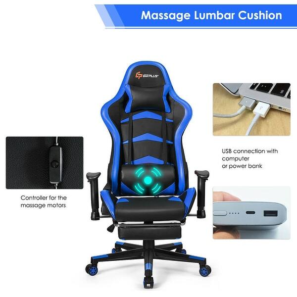 Massage Gaming Chair With Lumbar Support Footrest Blue Overstock 30090046
