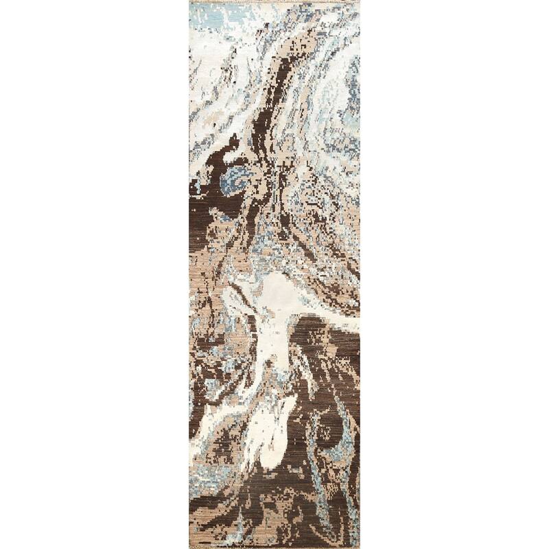 Wool/ Silk Vegetable Dye Oriental Abstract Runner Rug Hand-knotted - 2'7" x 9'10"