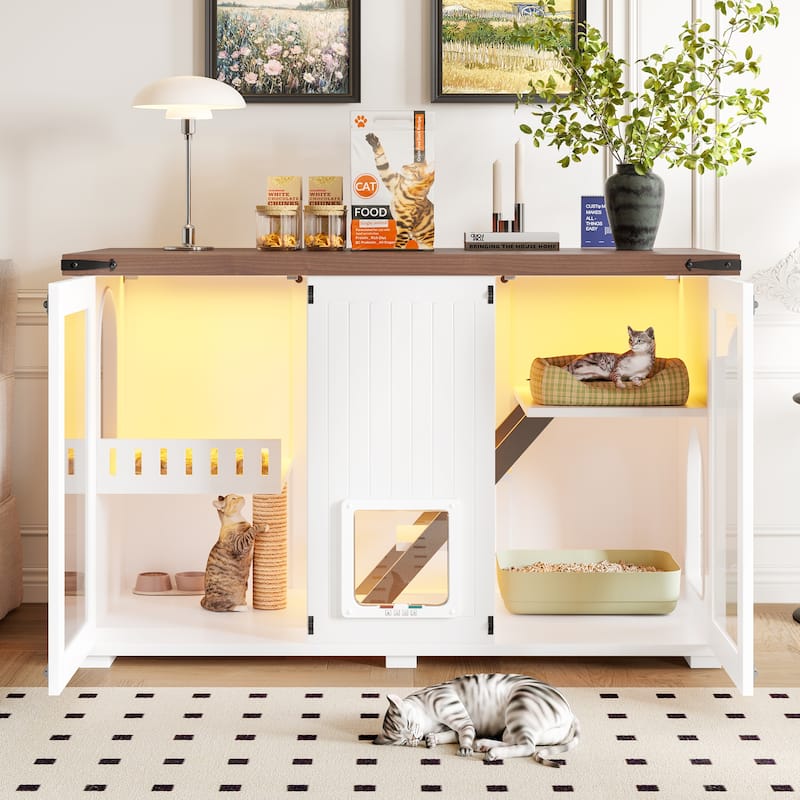 Anmytek Large Cat Litter Box Enclosure Furniture Hidden Cat House With LED Light Stairs Scratching Post Smart Doors