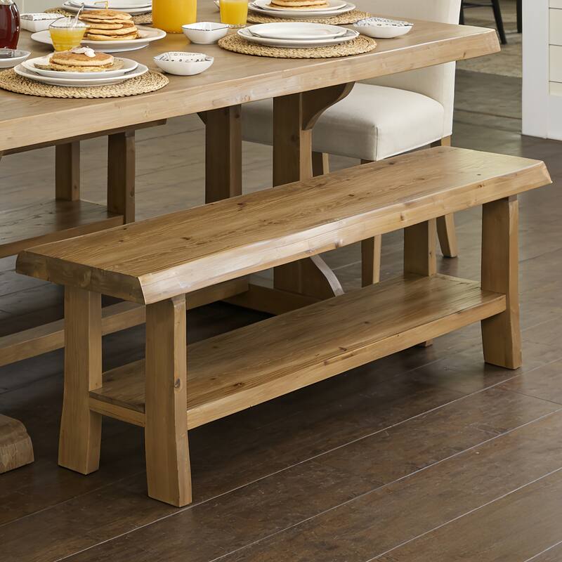 55" Solid Wood Farmhouse Bench with Storage Shelf