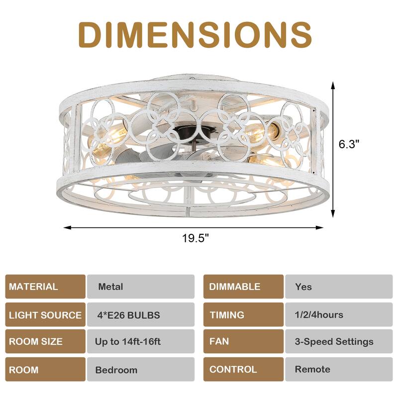 Bella Depot 20" Industrial Flush Mount Ceiling Fan, 3-Speed Reversible Cage Ceiling Fan with Light with Remote