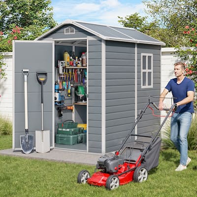 5x3 / 6x4 / 8x6 FT Outdoor Storage Shed with Floor, Resin Garden Tool Shed with Lockable Doors, Waterproof Plastic Storage Sheds