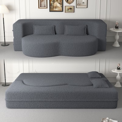 Modern Convertible Teddy Fabric Foam-Filled Sleeper Sofa Bed with 2 Pillows