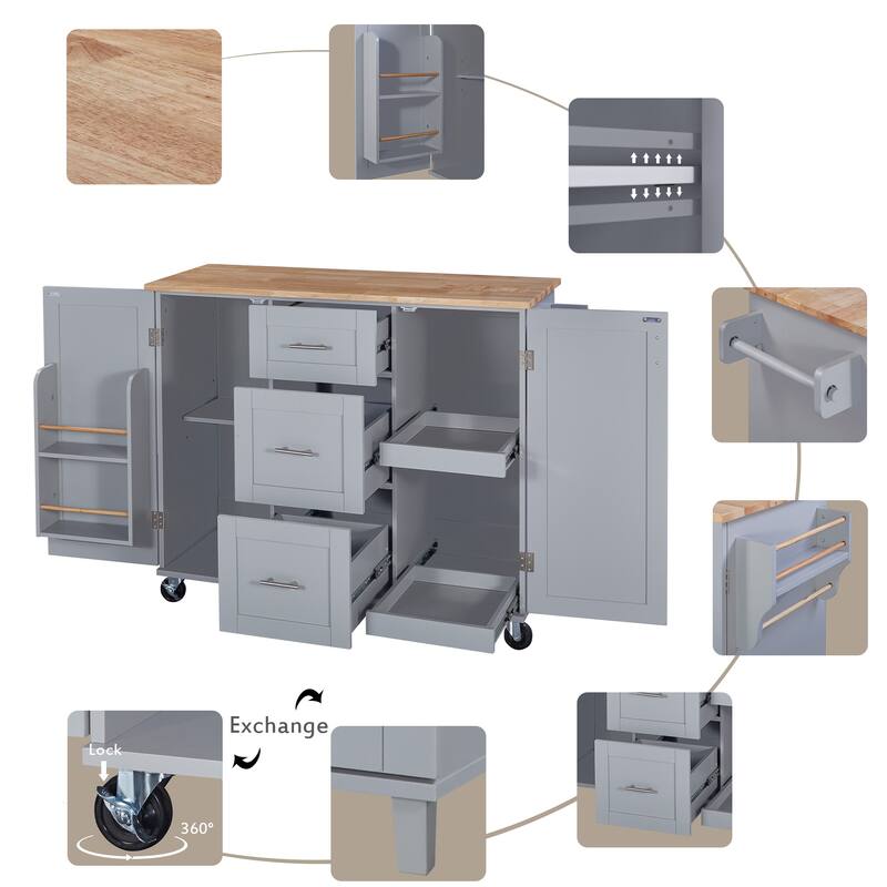 Rolling Kitchen Island with Rubber Wood Top, 3 Drawer, 2 Slide-Out Shelf & Internal Storage Rack, Spice Rack & Tower Rack