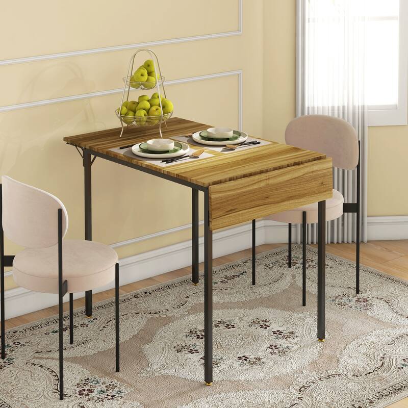 Drop Leaf Dining Table Foldable MDF Top Metal Frame Seats 2 to 4 Compact Space Saving