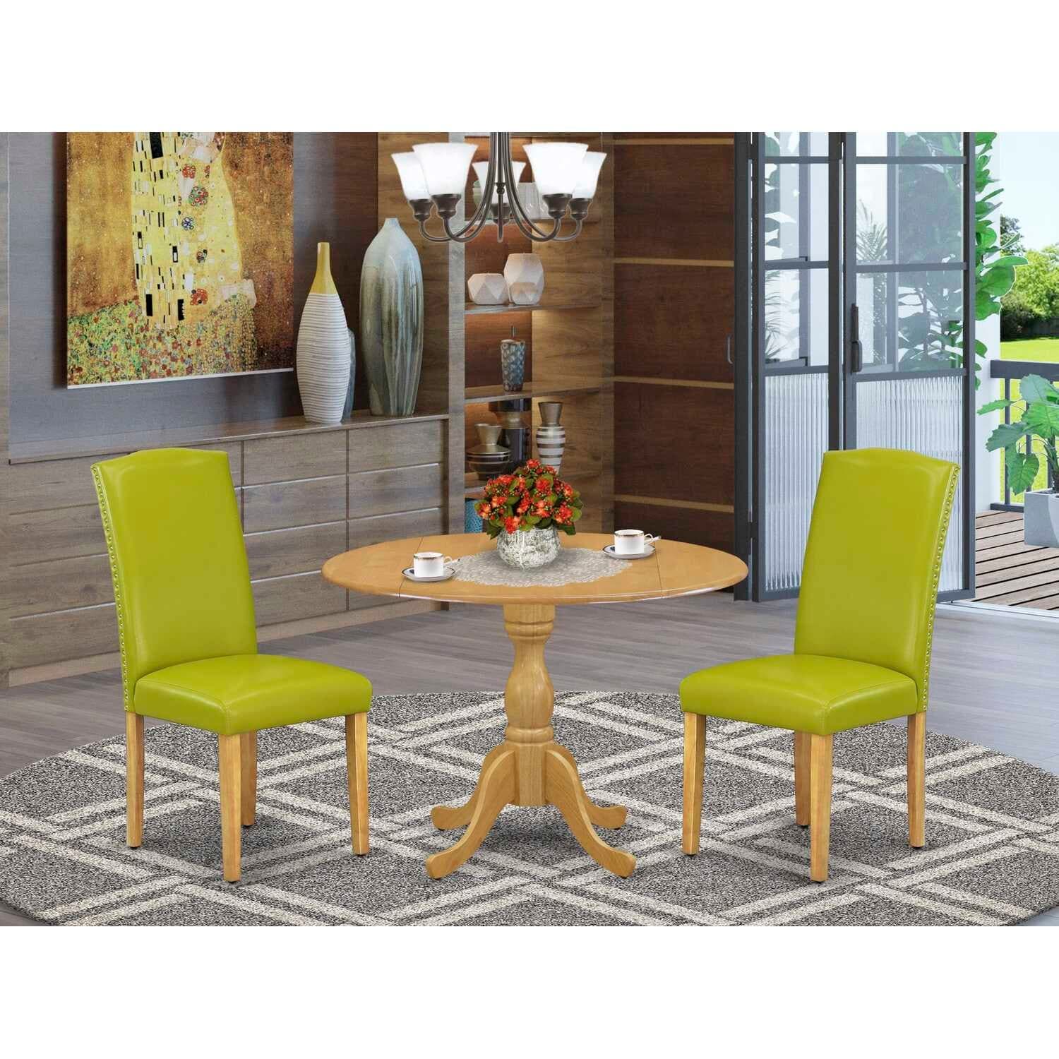 3-Piece Natural Oak Finish Solid Wood Top - Dining Room Set with High Back - Seats 4